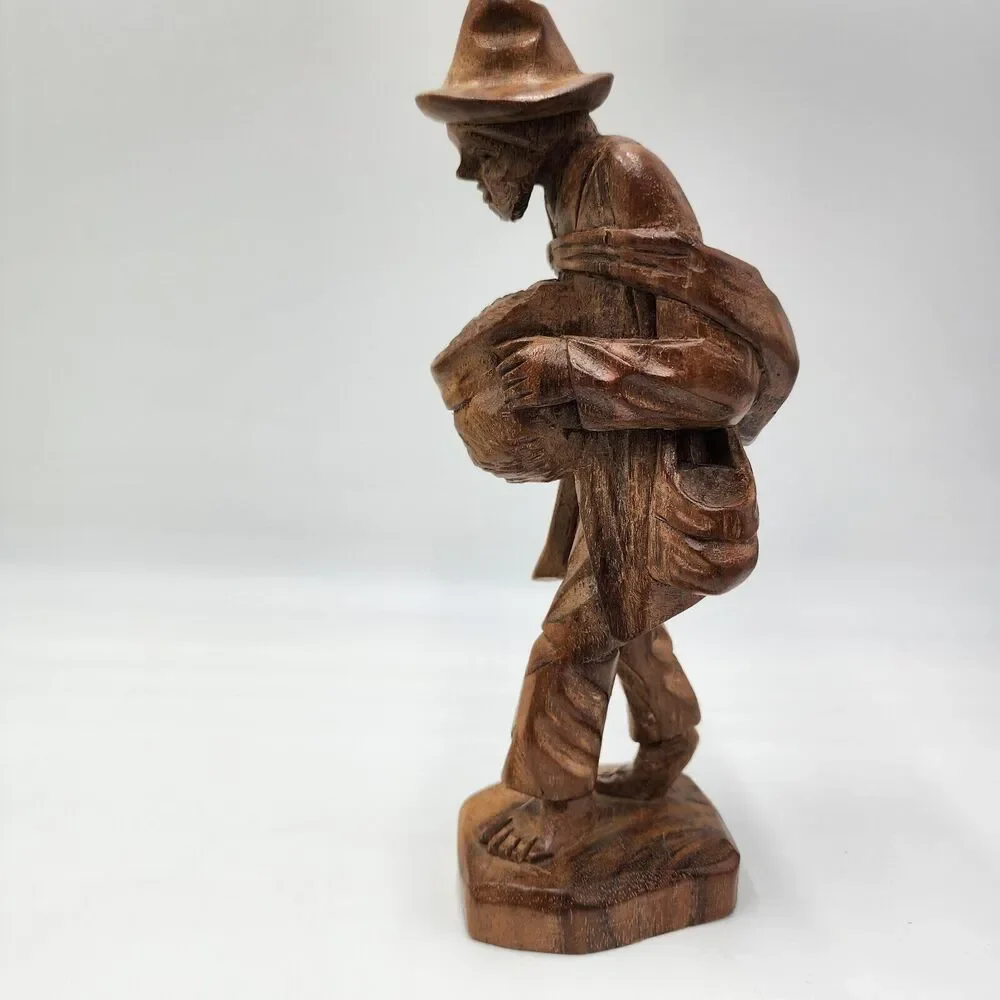 Vintage Carved Wood Sad Drifter Beard Bare Feet Hobo Folk Art Figurine Statue